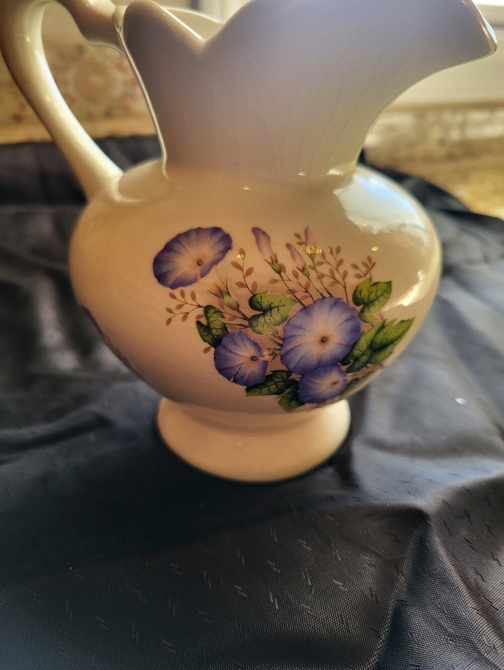 White Ceramic Floral 5.5 x 6 In Pitcher with Blue / Purple Morning Glory Design